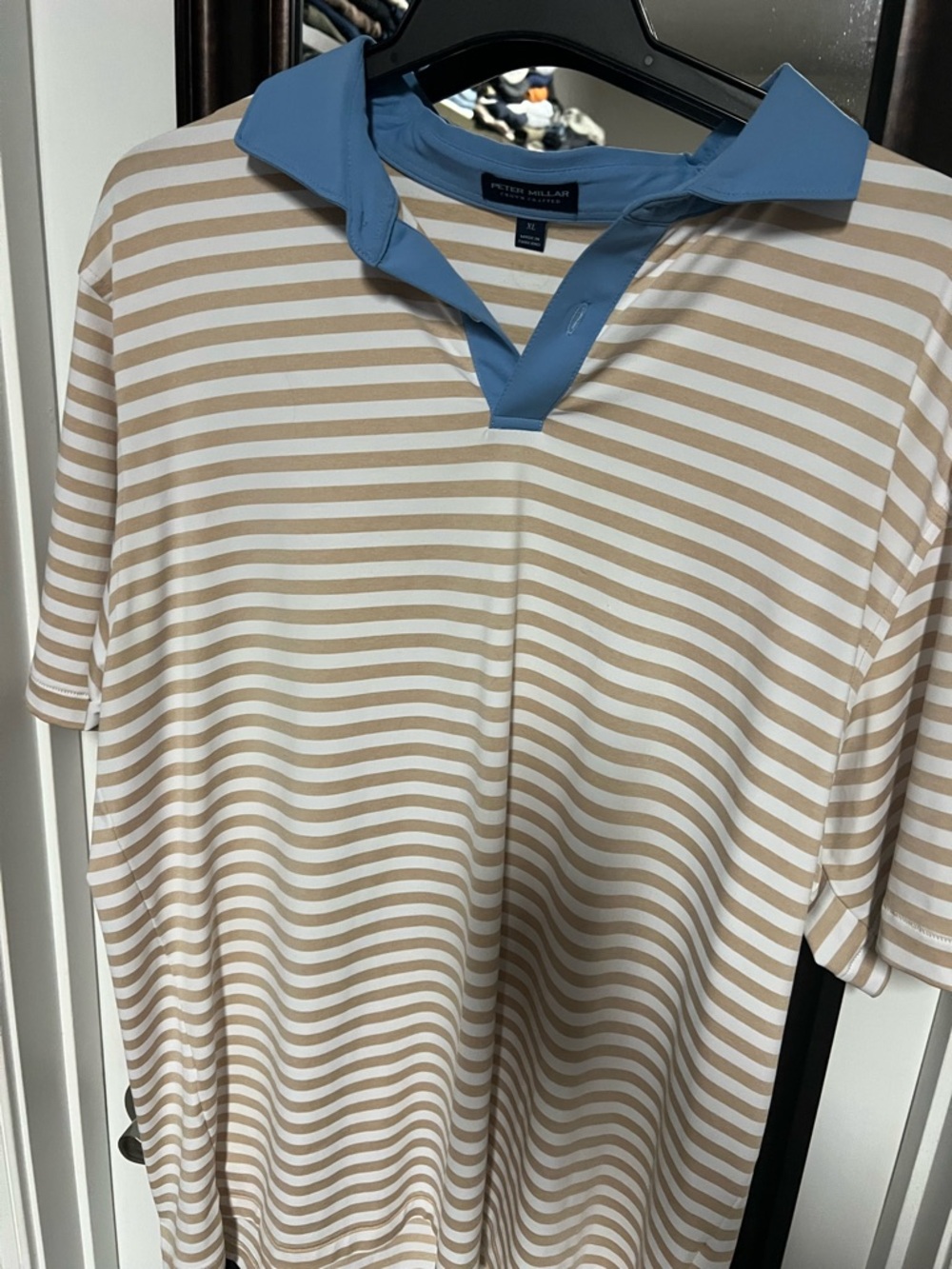 Peter Millar Beige & White Striped Polo with Blue Trim